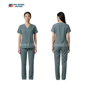 BỘ ĐỒ SPA CỔ TIM MÀU XÁM XANH