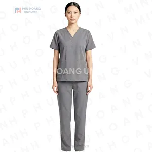 BỘ SCRUBS CỔ TIM MÀU XÁM