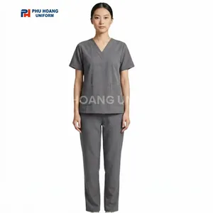 BỘ SCRUBS CỔ TIM MÀU GHI