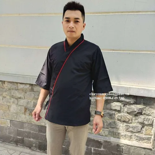 ÁO BẾP NHẬT ĐEN PHỐI ĐỎ MAY SẴN SB011