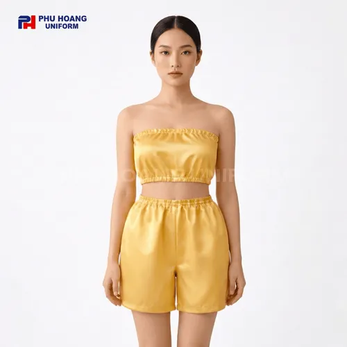 BỘ QUẦN ÁO QUÂY SPA NÚT BẤM MÀU VÀNG