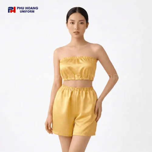 BỘ QUẦN ÁO QUÂY SPA NÚT BẤM MÀU VÀNG