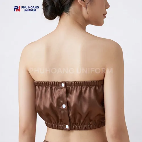 BỘ QUẦN ÁO QUÂY SPA NÚT BẤM MÀU NÂU CÀ PHÊ