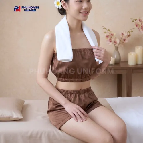 BỘ QUẦN ÁO QUÂY SPA NÚT BẤM MÀU NÂU CÀ PHÊ