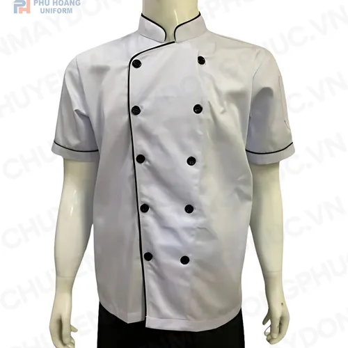 ÁO BẾP KAKI TRẮNG VIỀN ĐEN TAY NGẮN SB001 (MAY SẴN) 