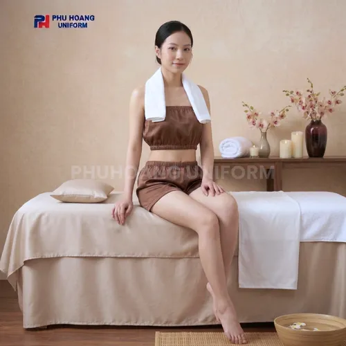 BỘ QUẦN ÁO QUÂY SPA NÚT BẤM MÀU NÂU CÀ PHÊ