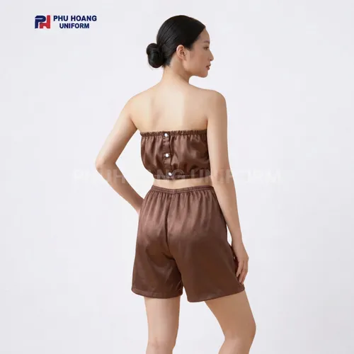 BỘ QUẦN ÁO QUÂY SPA NÚT BẤM MÀU NÂU CÀ PHÊ