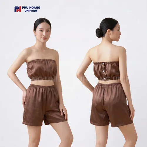 BỘ QUẦN ÁO QUÂY SPA NÚT BẤM MÀU NÂU CÀ PHÊ