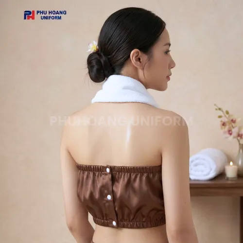 BỘ QUẦN ÁO QUÂY SPA NÚT BẤM MÀU NÂU CÀ PHÊ