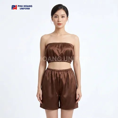 BỘ QUẦN ÁO QUÂY SPA NÚT BẤM MÀU NÂU