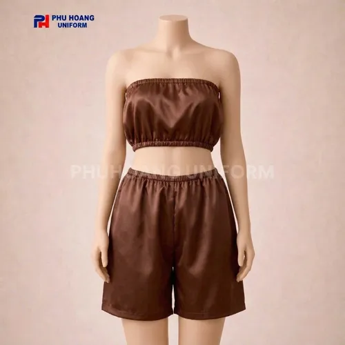 BỘ QUẦN ÁO QUÂY SPA NÚT BẤM MÀU NÂU