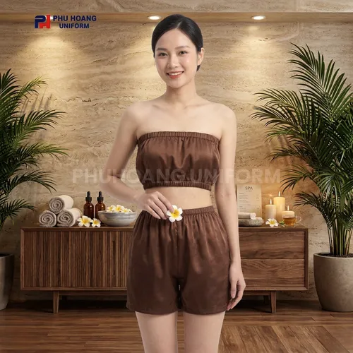 BỘ QUẦN ÁO QUÂY SPA NÚT BẤM MÀU NÂU