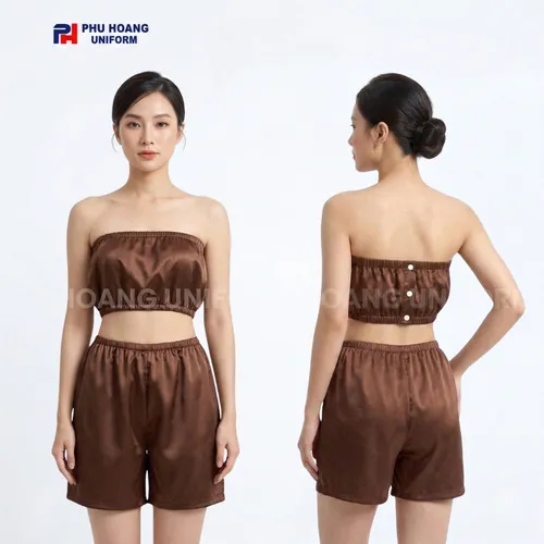 BỘ QUẦN ÁO QUÂY SPA NÚT BẤM MÀU NÂU