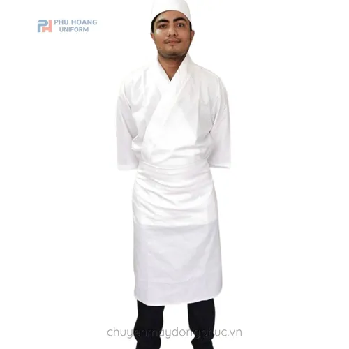 ÁO BẾP NHẬT COTTON TRẮNG MAY SẴN SB014