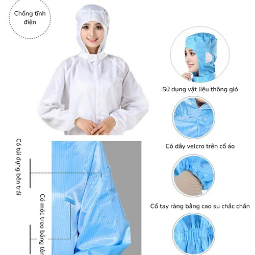 BỘ ĐỒ CHỐNG TĨNH ĐIỆN LIỀN THÂN MÀU TRẮNG (MAY SẴN) SW006