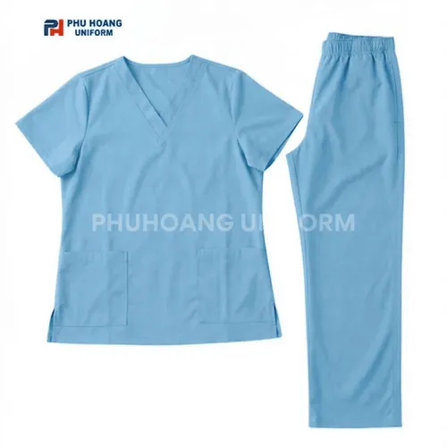 BỘ ĐỒ SPA CỔ TIM MÀU XANH NHẠT