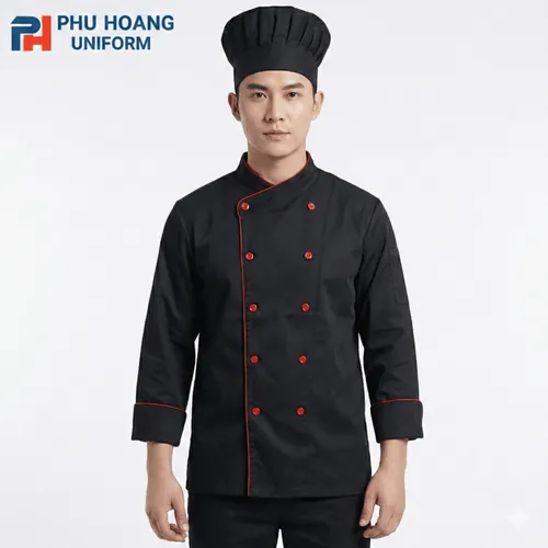 ÁO BẾP TAY DÀI ĐEN VIỀN ĐỎ KAKI THUN