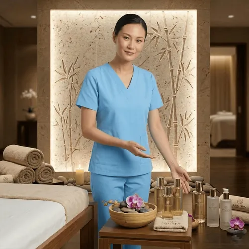 BỘ ĐỒ SPA CỔ TIM MÀU XANH NHẠT