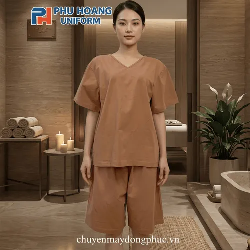 SET QUẦN ÁO SPA NÚT SAU LƯNG MÀU NÂU
