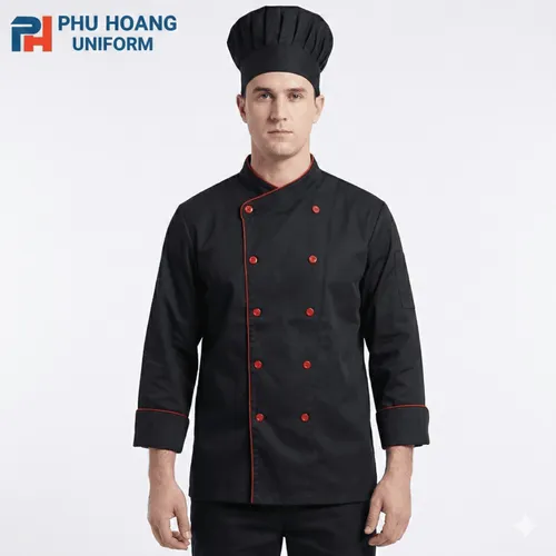 ÁO BẾP TAY DÀI ĐEN VIỀN ĐỎ KAKI THUN