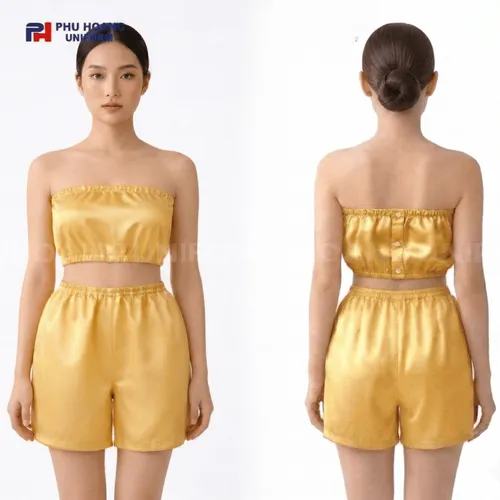 BỘ QUẦN ÁO QUÂY SPA NÚT BẤM MÀU VÀNG