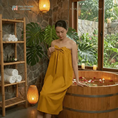 VÁY QUÂY SPA MÀU VÀNG CHO KHÁCH