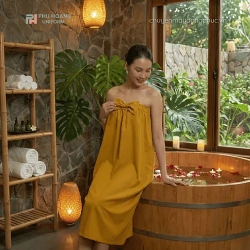 VÁY QUÂY SPA MÀU VÀNG CHO KHÁCH