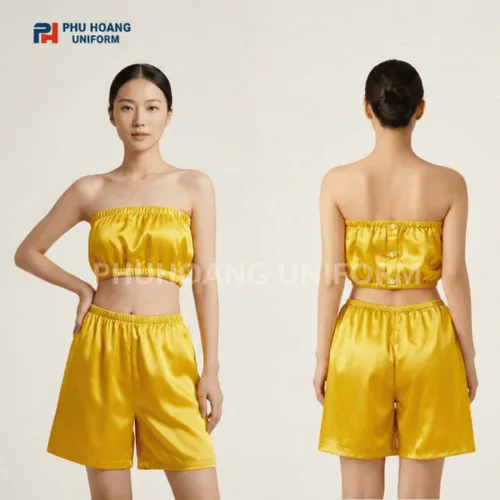 BỘ QUẦN ÁO QUÂY SPA NÚT BẤM MÀU VÀNG GOLD