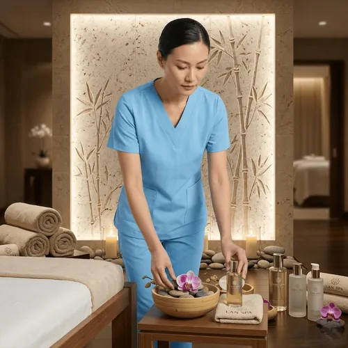 BỘ ĐỒ SPA CỔ TIM MÀU XANH NHẠT