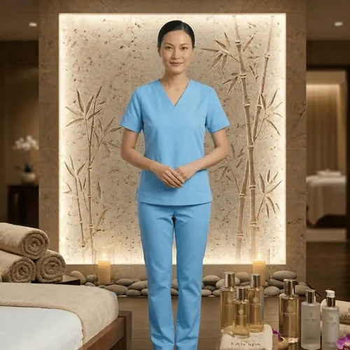 BỘ ĐỒ SPA CỔ TIM MÀU XANH NHẠT