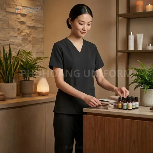 BỘ ĐỒ SPA CỔ TIM MÀU ĐEN