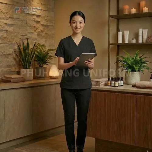 BỘ ĐỒ SPA CỔ TIM MÀU ĐEN