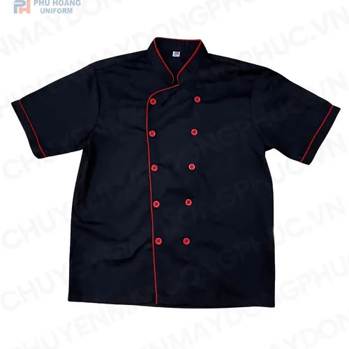 ÁO BẾP KAKI ĐEN VIỀN ĐỎ TAY NGẮN SB006 (MAY SẴN) 