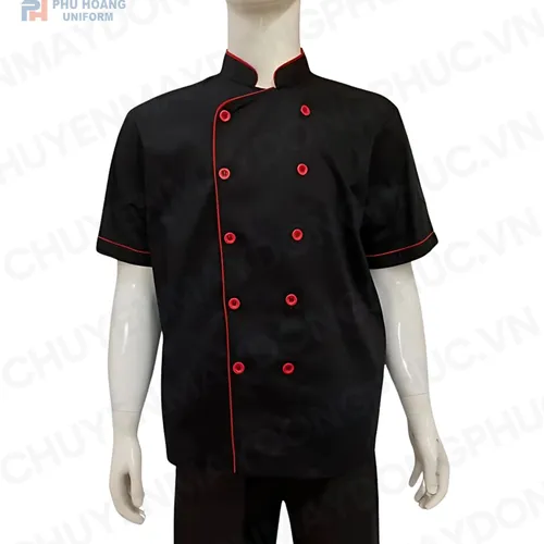 ÁO BẾP KAKI ĐEN VIỀN ĐỎ TAY NGẮN SB006 (MAY SẴN) 