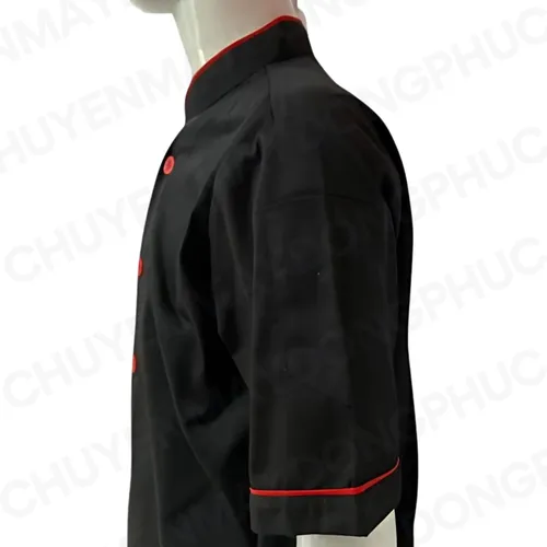 ÁO BẾP KAKI ĐEN VIỀN ĐỎ TAY NGẮN SB006 (MAY SẴN) 