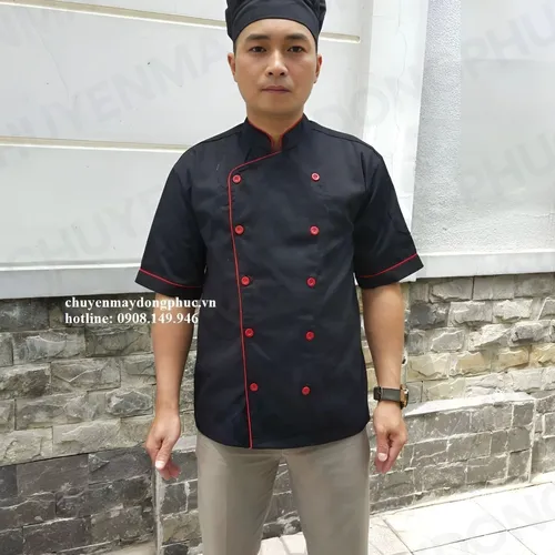 ÁO BẾP KAKI ĐEN VIỀN ĐỎ TAY NGẮN SB006 (MAY SẴN) 