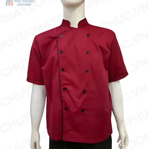 ÁO BẾP KAKI ĐỎ VIỀN ĐEN TAY NGẮN SB004 (MAY SẴN) 