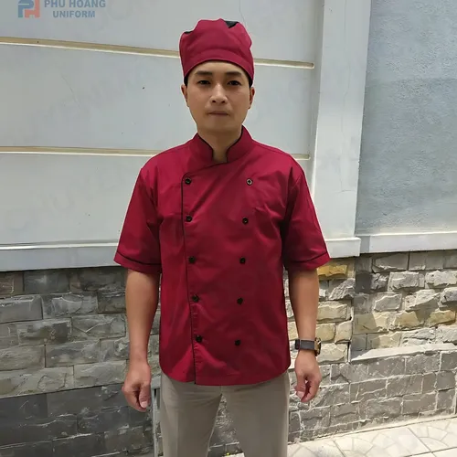 ÁO BẾP KAKI ĐỎ VIỀN ĐEN TAY NGẮN SB004 (MAY SẴN) 