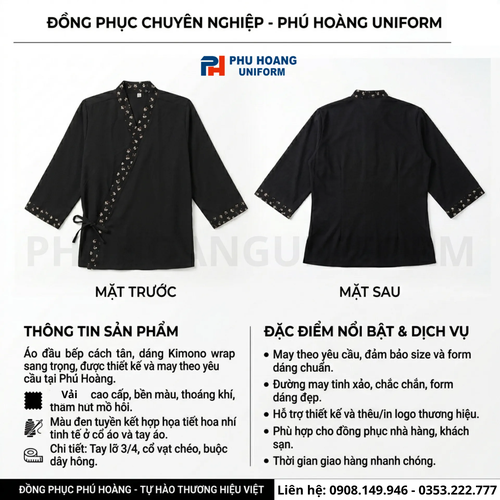 Áo Bếp Nhật Đen Phối Hoa May Sẵn