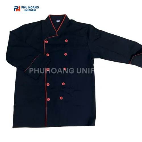 ÁO BẾP TAY DÀI ĐEN VIỀN ĐỎ KAKI THUN
