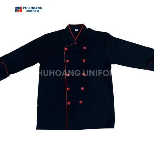 ÁO BẾP TAY DÀI ĐEN VIỀN ĐỎ KAKI THUN