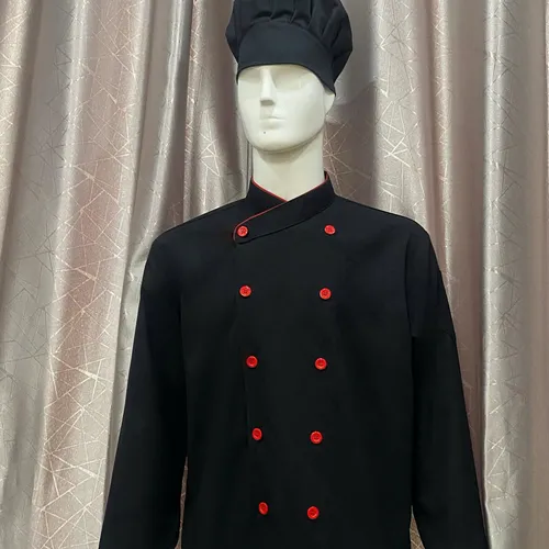 ÁO BẾP TAY DÀI ĐEN VIỀN ĐỎ KAKI THUN