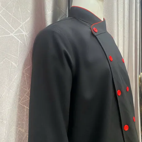 ÁO BẾP TAY DÀI ĐEN VIỀN ĐỎ KAKI THUN