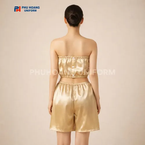 BỘ QUẦN ÁO QUÂY SPA NÚT BẤM MÀU VÀNG KIM