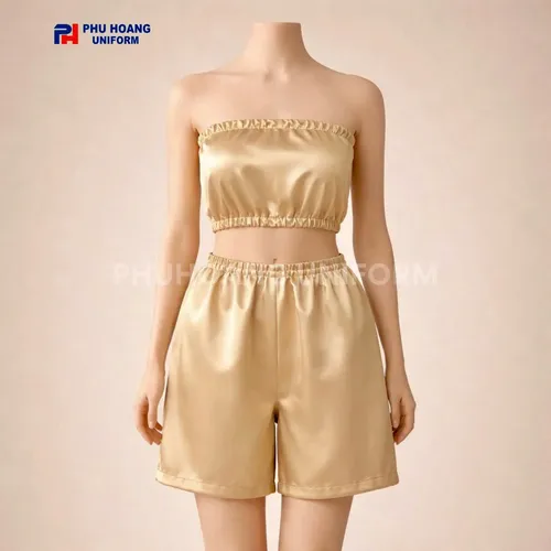 BỘ QUẦN ÁO QUÂY SPA NÚT BẤM MÀU VÀNG KIM