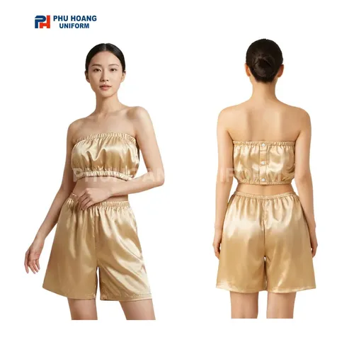 BỘ QUẦN ÁO QUÂY SPA NÚT BẤM MÀU VÀNG KIM