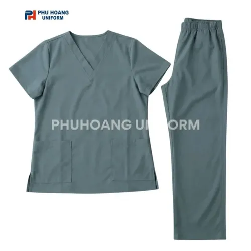 BỘ ĐỒ SPA CỔ TIM MÀU XÁM XANH