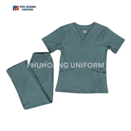 BỘ ĐỒ SPA CỔ TIM MÀU XÁM XANH