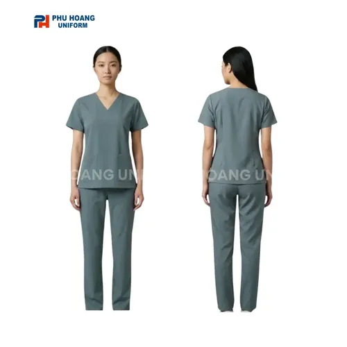 BỘ ĐỒ SPA CỔ TIM MÀU XÁM XANH