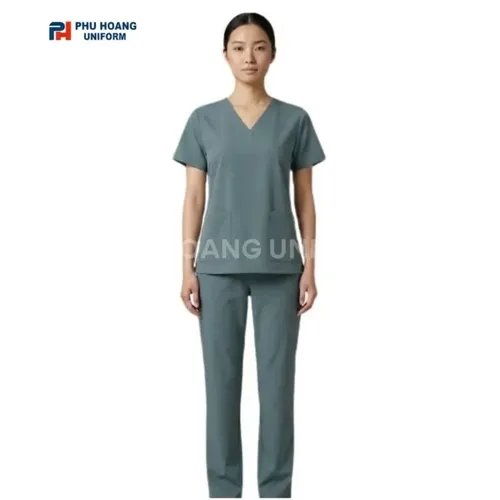 BỘ ĐỒ SPA CỔ TIM MÀU XÁM XANH